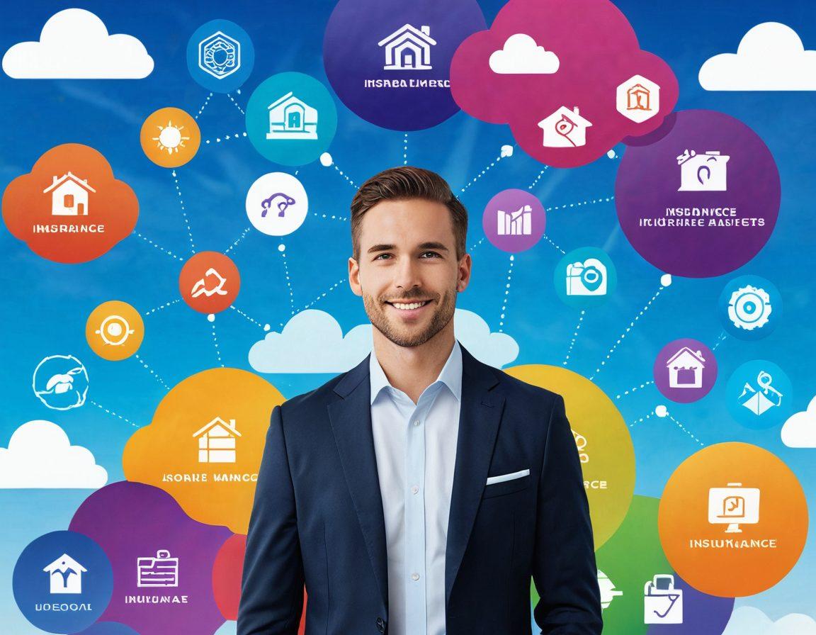 A confident individual navigating through a digital landscape filled with icons representing various insurance services, such as health, auto, and home insurance. The background features a clear sky with abstract clouds, symbolizing clarity and understanding in risk management. Include vibrant graphs and checklists to represent analysis and decision-making, encapsulated in a modern user interface. super-realistic. vibrant colors. white background.