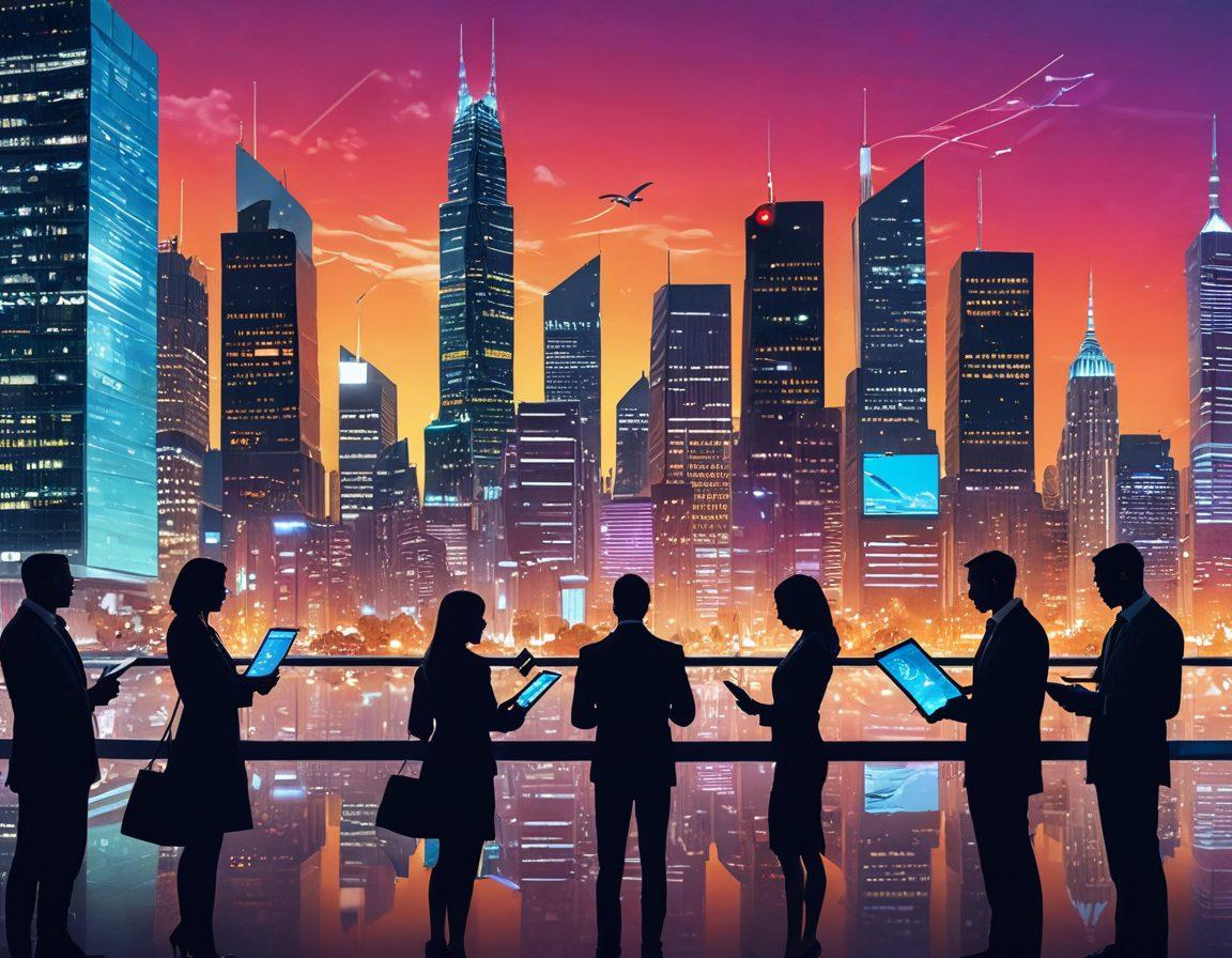 A futuristic city skyline with digital billboards displaying various online insurance services. In the foreground, a diverse group of people using tablets and smartphones, discussing insurance solutions. Elements like graphs and charts floating around, symbolizing data and analytics. A bright, optimistic sunset casting a warm glow on the scene. sleek and modern style. vibrant colors. 3D.